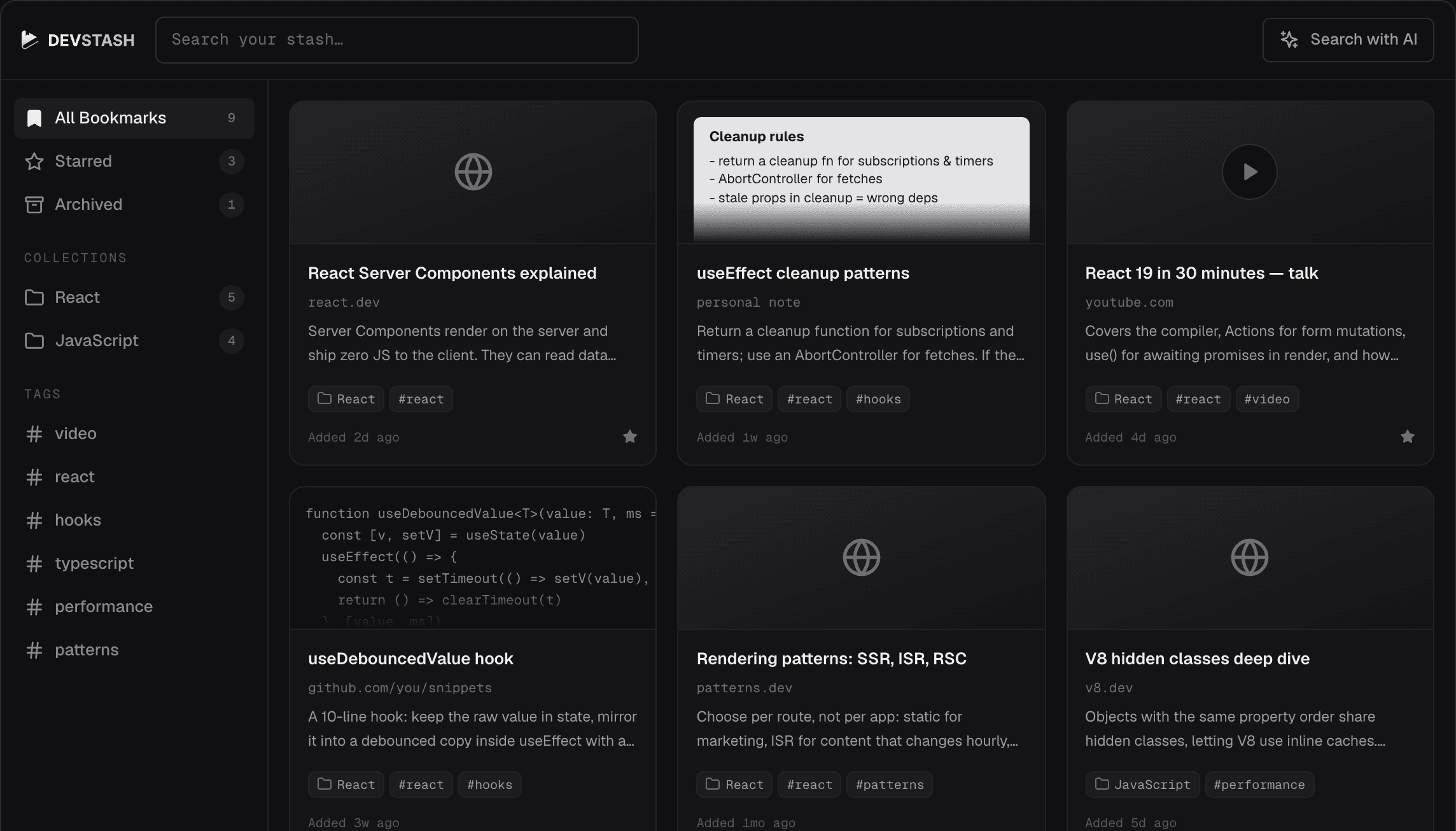 The DevStash app — sidebar with collections and tags, and a grid of saved bookmarks